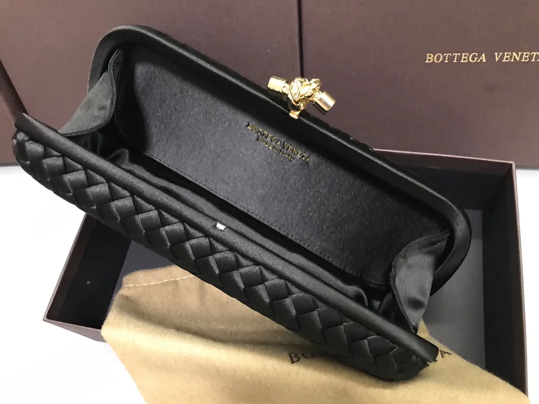 Style No. 8651, upgraded version of full silk evening bag inside and outside~~~INTRECCIATO woven IMPERO STRETCH KNOT clutch bag, hand-woven silk, smooth satin piping, Intrecciato engraved metal buckle, silk satin lining. Large size: 25cm*10cm*5cm